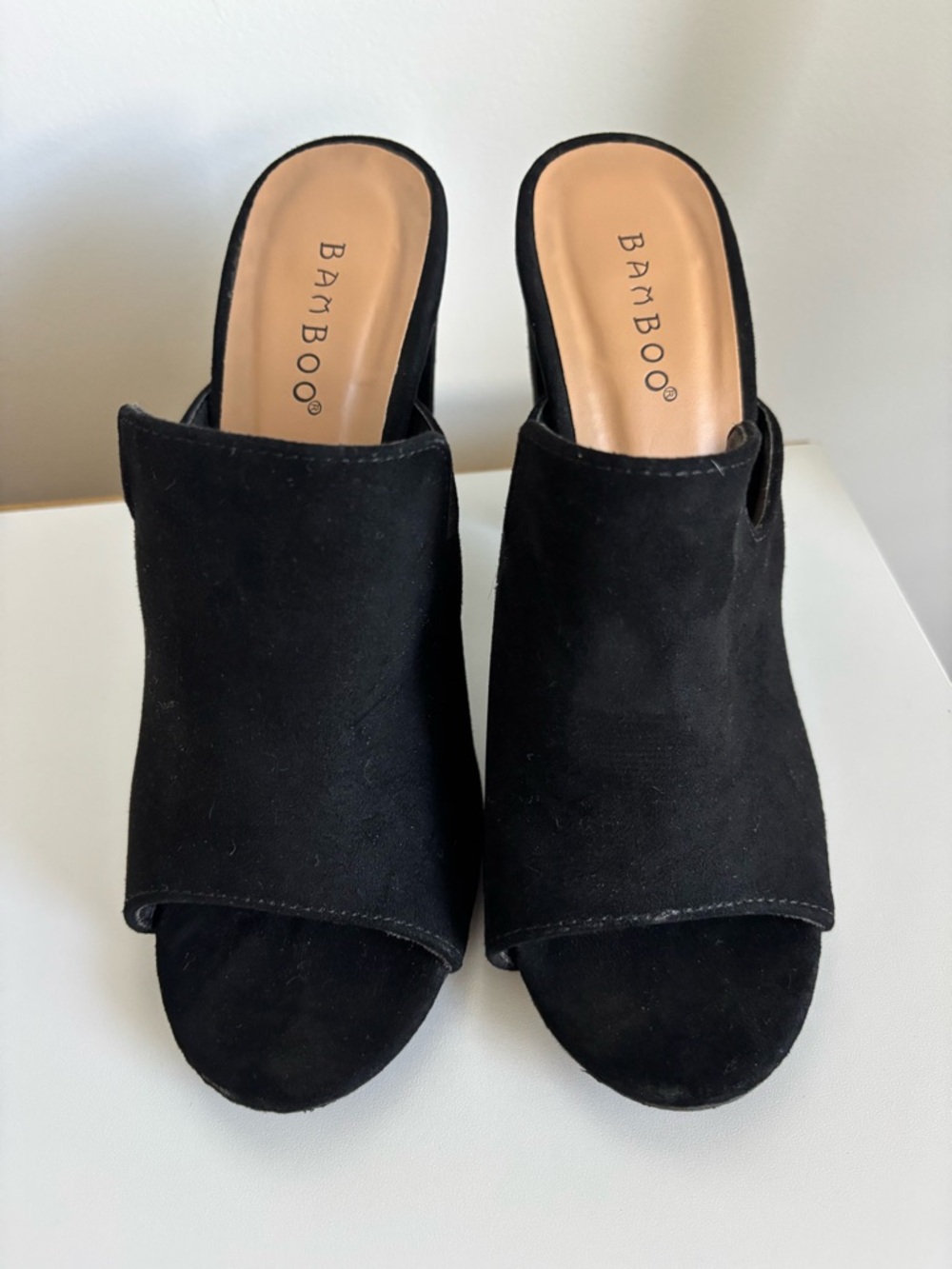 BAMBOO Black Suede Open-Toe Slide Mules